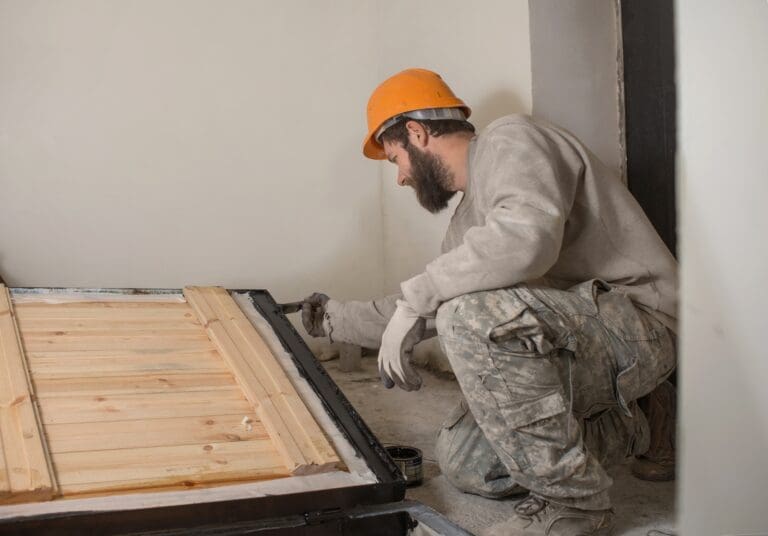a man with a beard paints a hatch on the floor of the house with paint using a brush